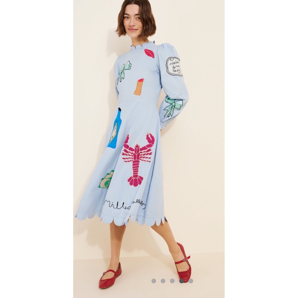 Anthropologie x Stella Nova Circus Midi Dress Blue Scalloped Embroidered Lobster - Picture 2 of 4